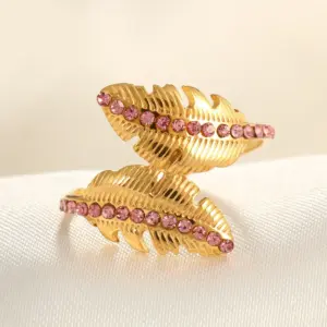 18K Real Gold Feather Pink Diamond / Adjustable Opening