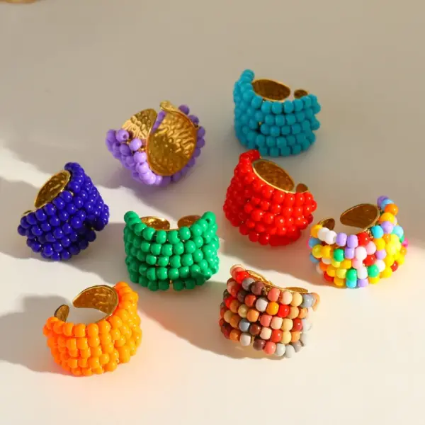 Dopamine Colored Sweet 18K Gold Plated Stainless Steel Bead Full Bead Open Ring Adjustable Size Geometric Circle Ball Pattern