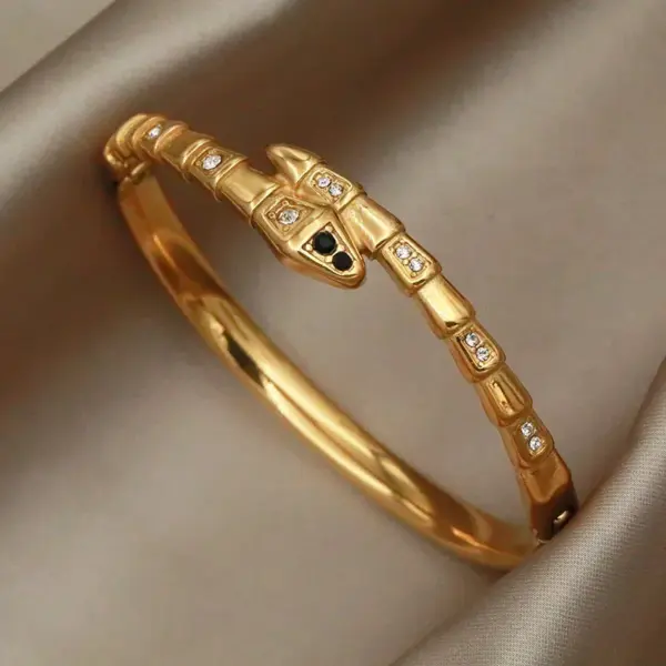 304 Stainless Steel Jaguar Snake Ion Plating (IP) Zircon Real Gold Plated Vintage Style French Style Waterproof Non Tarnish Asymmetrical Plating Gold Bangle