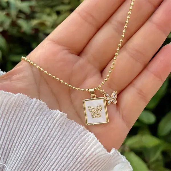 Wholesale Jewelry Retro Classic Style Cross Butterfly Airplane Copper Shell Zircon 18K Gold Plated Inlay Pendant Necklace