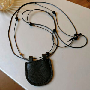 Black-leather leather cord mini bag necklace