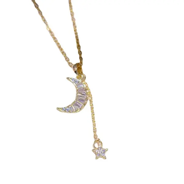 Wholesale Elegant Star Moon Titanium Steel Plating Inlay Zircon 18k Gold Plated Necklace