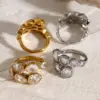 Wholesale 304 Stainless Steel Geometric Water Droplets PVD Coated Zircon 18K Real Gold Plated Real Gold Plated IG Style Waterproof Non Tarnish Inlay Gold Open Rings