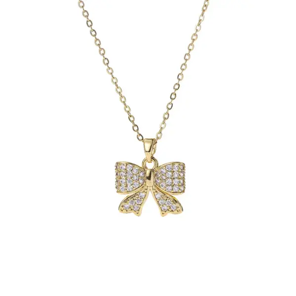 Wholesale Jewelry Fashion Bow Knot 304 Stainless Steel Copper Acrylic Zircon 18K Gold Plated K Gold Plated Inlay Pendant Necklace