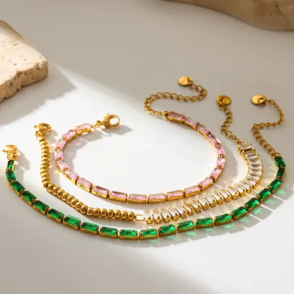 Wholesale For Women Geometric Bracelets In 304 Stainless Steel With 18K Real Gold Plated Coating 0.03µm Featuring Zircon And Full Diamond Chain