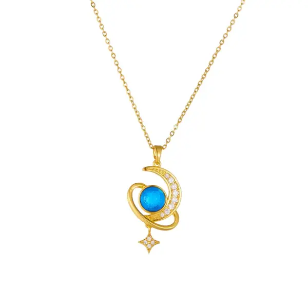 304 Stainless Steel Moon PVD Coated Acrylic Rhinestones 18K Real Gold Plated Vintage Style Plating Gold Pendant Necklace