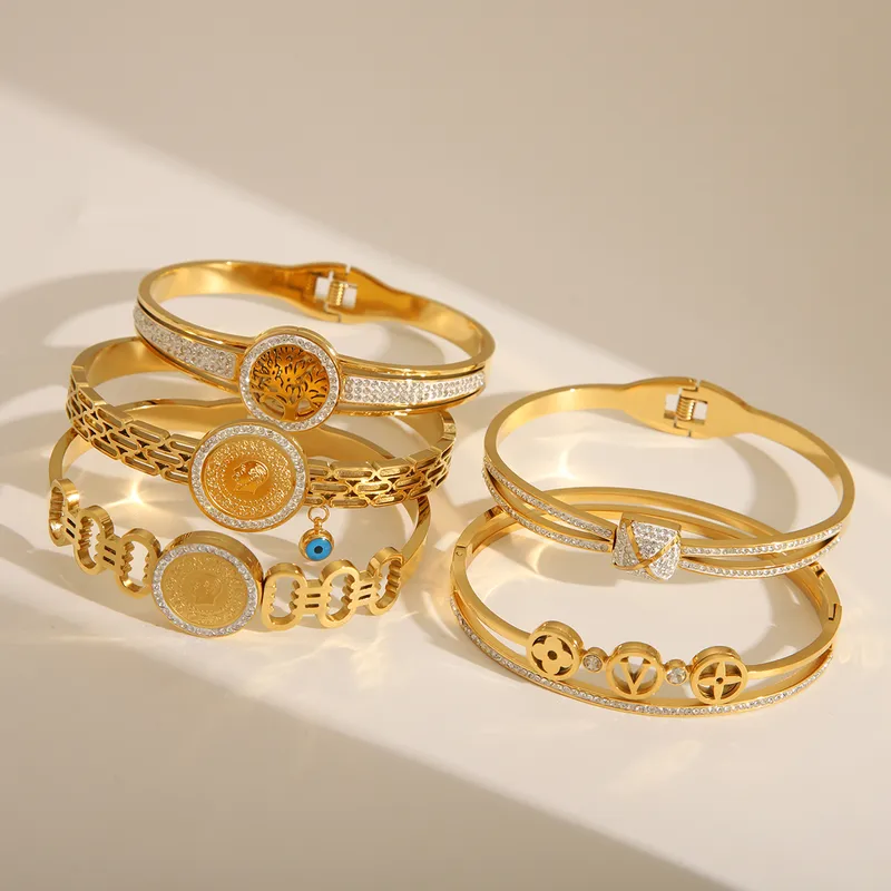 Wholesale Simple Style Classic Style Tree Solid Color Flower 304 Stainless Steel 18K Gold Plated Zircon Bangle In Bulk