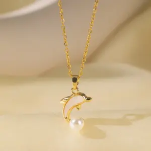 [8131] Pearl White Shell Dolphin Necklace / Gold