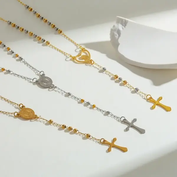 Wholesale 304 Stainless Steel Gold Plated Vacuum Electroplating (In Furnace) Gold Steel Color Cross Heart Shape Religious Simple Style Women's Necklace