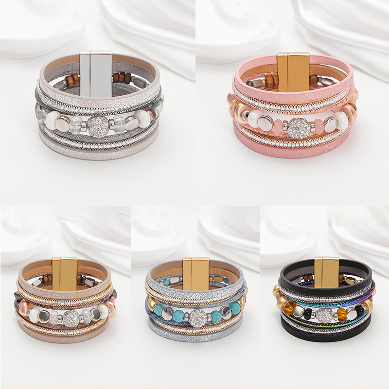 Wholesale Cross-border fashion hardware beaded copper tube women's PU leather bracelet, personalized retro multi-layer magnetic buckle leather bangle