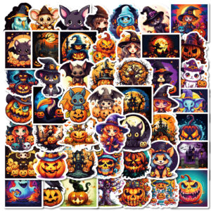Wholesale Cross-Border Popular 50 Halloween Ghost Face Pumpkin Black Cat Cartoon Graffiti Stickers Mobile Phone Water Cup DIY Decorative Stickers