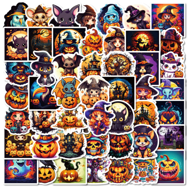 Wholesale Cross-Border Popular 50 Halloween Ghost Face Pumpkin Black Cat Cartoon Graffiti Stickers Mobile Phone Water Cup DIY Decorative Stickers