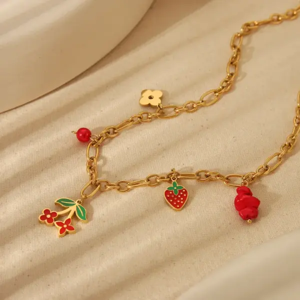 Wholesale Jewelry Cute Sweet Cherry Strawberry 304 Stainless Steel 18K Gold Plated Epoxy Plating Bracelets Earrings Necklace