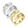 Real Gold Plated 201 Stainless Steel PVD Coated Leaf Waterproof Non Tarnish Fashion Open Ring For Women'S