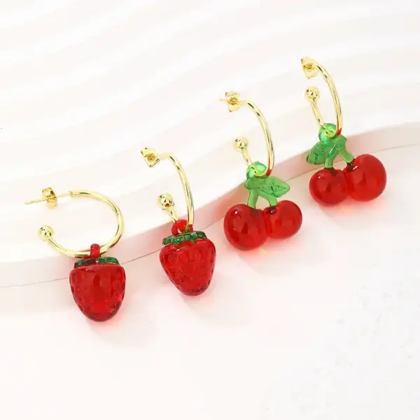 Wholesale 1 Pair Elegant Sweet Simple Style Cherry Fruit Strawberry Fruit Synthetic Resin Copper 18K Gold Plated Drop Earrings