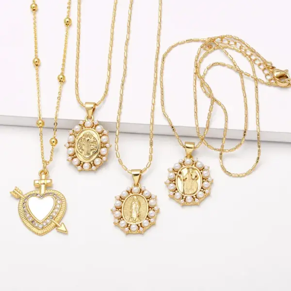 Wholesale 201 Stainless Steel Copper Bamboo Necklace 18K Gold Plated Plating Inlay Portrait Virgin Mary Heart Shape Zircon Pendant Necklace