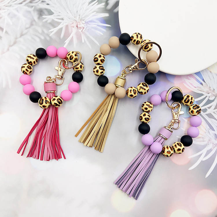Wholesale Leopard Print Wooden Beads Silicone Beaded Keychain