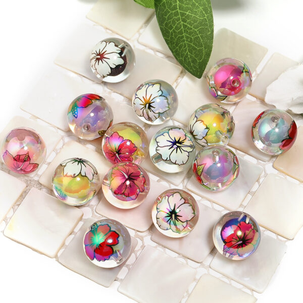 Wholesale Valentine's Day Acrylic Rose Beads in Beads Camellia Printed Round Beads Mobile Phone Chain String Pen Beads Diy Beads