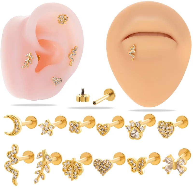 Wholesale 1 Piece Lip Rings Simple Style Heart Shape Flower Butterfly 316L Stainless Steel Copper Waterproof Non Tarnish Surgical Steel Zircon