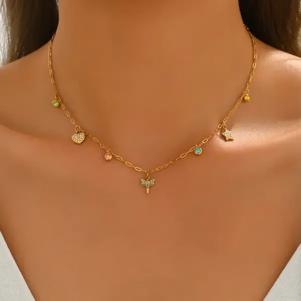 Wholesale A Simple 304 Stainless Steel 18K Gold Plated Vacuum Electroplating (In Furnace) Artificial Diamond Rectangular Asymmetric Handmade Chain Collarbone Necklace