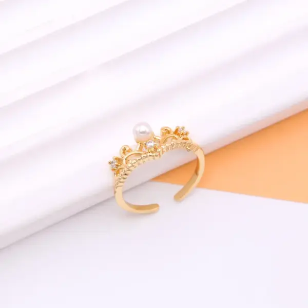 Wholesale Shiny Crown Copper 18k Gold Plated Artificial Pearls Zircon Open Rings In Bulk