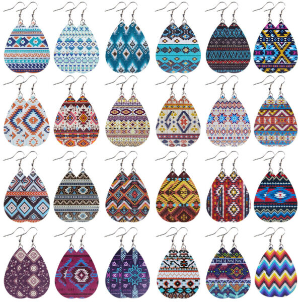 Wholesale Western Style Ethnic Totem Pattern Striped Leather Drop Shape Women's Earrings Cross Border