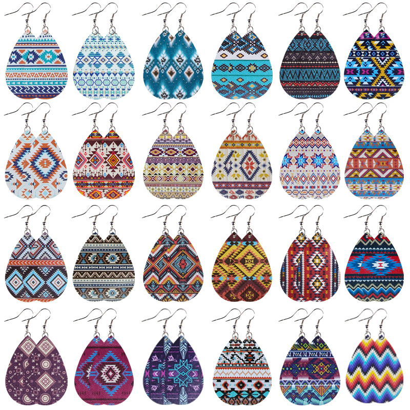 Wholesale Western Style Ethnic Totem Pattern Striped Leather op Shape Women's Earrings Cross Border