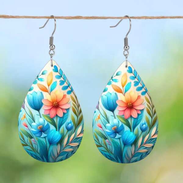 Wholesale Cross Border Bright Colorful Flower Pattern Double Sided PU Leather Earrings Lightweight for Mother's Day Gift