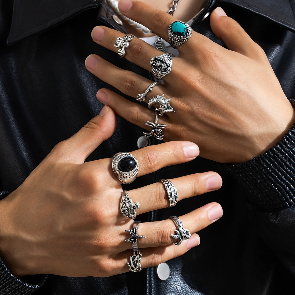 Wholesale Fashion Personalized Gem Ring Men's Design Sense Niche Advanced Ring Turquoise Finger Ring European and American Cross-border Jewelry