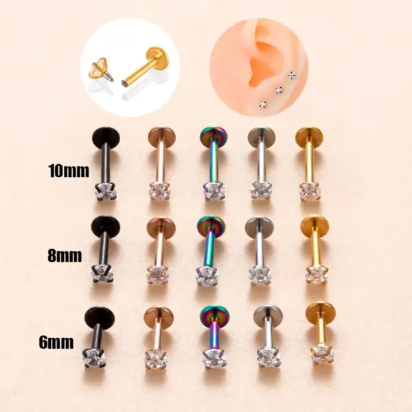 1 Piece 316L Stainless Steel Zircon Ear Cartilage Rings & Studs Round Waterproof Non Tarnish Surgical Steel Women's