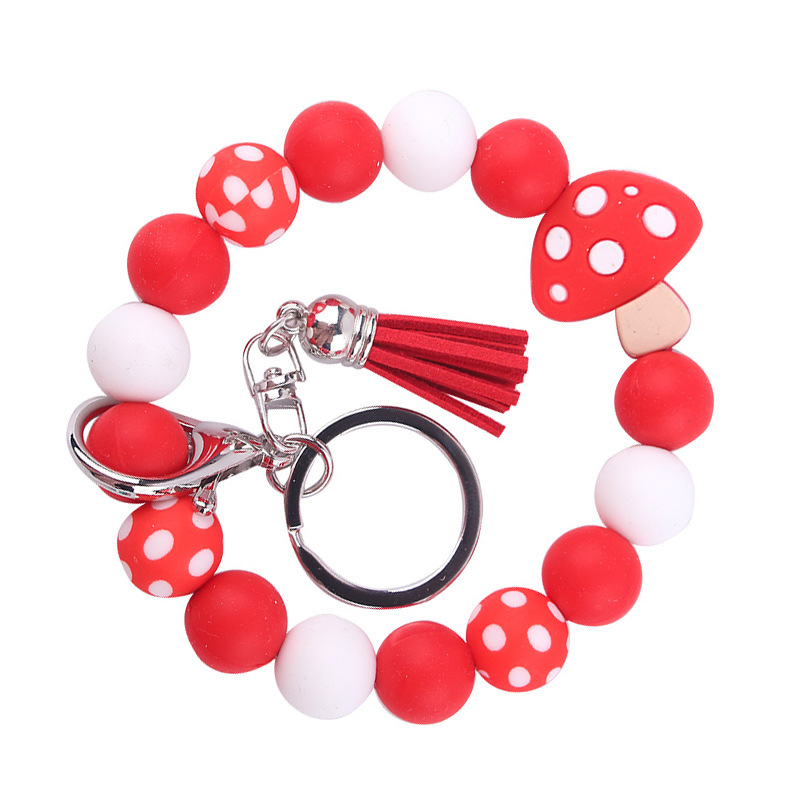 Wholesale New wrist keychain pendant leather PU short tassel mushroom silicone beaded bracelet key ring aessories