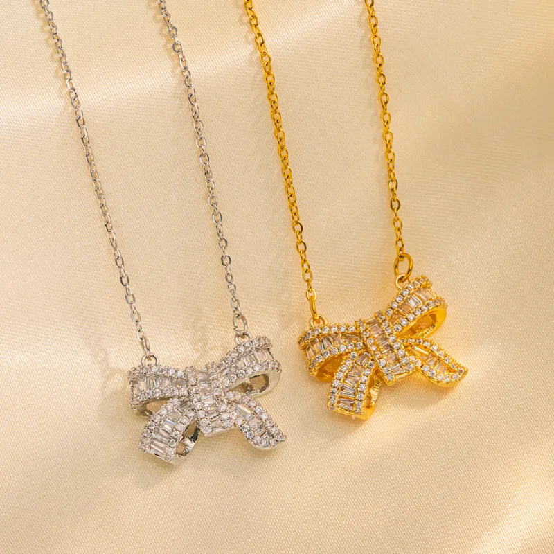 Wholesale PVD Coated Real Gold Plated Bow Knot Stainless Steel Simple Style Waterproof Non Tarnish Pendant Necklace