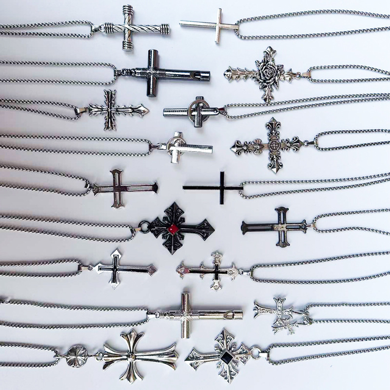 Wholesale European and American Cross-border Jewelry Diamond Necklace Retro Color-free Male Decoration Cross Pendant Necklace Simple Woolen Chain