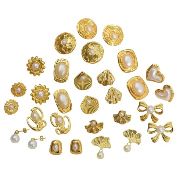 Wholesale Stainless Steel Geometric Oval Pearl Earrings For Women Retro Gold Pearl Earrings