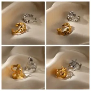 PVD Coated Real Gold Plated Geometric Starfish Shell 304 Stainless Steel Exaggerated Beach Simple Style Waterproof Non Tarnish Wide Band Rings Open