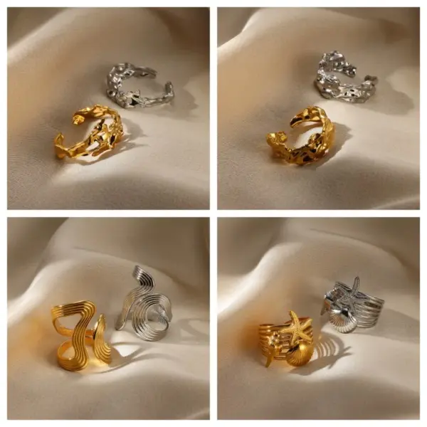 PVD Coated Real Gold Plated Geometric Starfish Shell 304 Stainless Steel Exaggerated Beach Simple Style Waterproof Non Tarnish Wide Band Rings Open