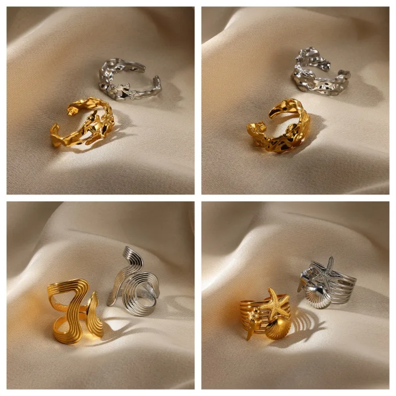 Wholesale PVD Coated Real Gold Plated Geometric Starfish Shell 304 Stainless Steel Exaerated Beach Simple Style Waterproof Non Tarnish Wide Band Rings
