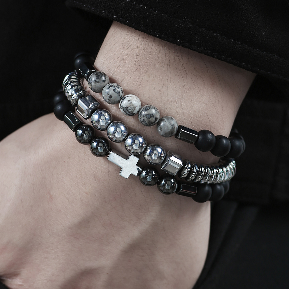 Wholesale Cross-border New Men's Beaded Bracelet Set Map Stone Black Gallstone Cross Bracelet Elastic Bracelet Combination