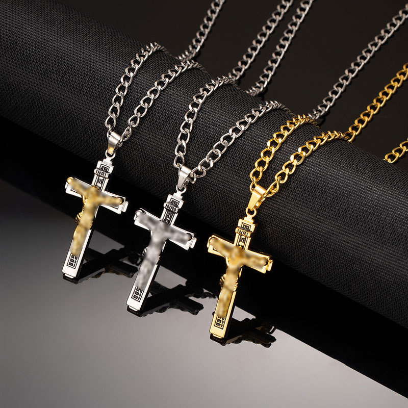 Wholesale Embossed rtrait cross necklace titanium steel necklace