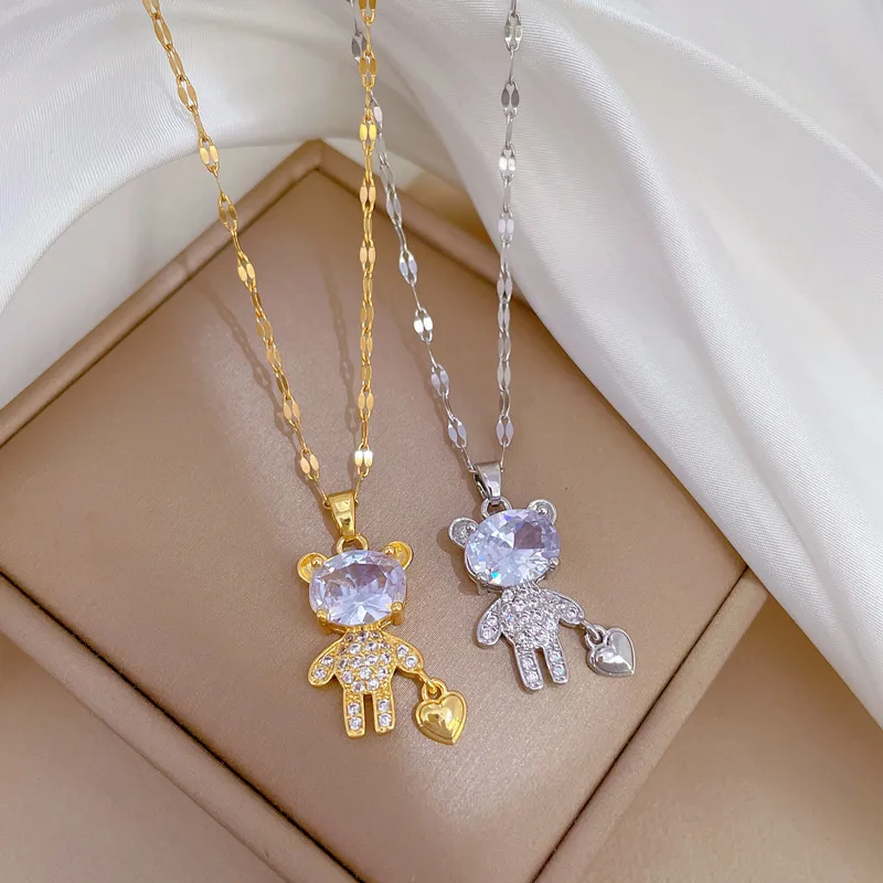 Wholesale Cartoon Style Bear Heart Shape Titanium Steel Copper Inlay Rhinestones Pendant Necklace