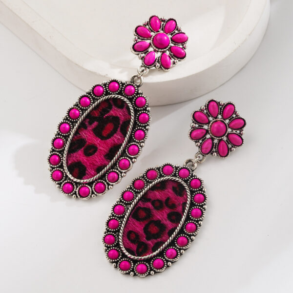 Wholesale Turquoise-set leopard print leather earrings