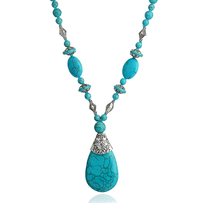 Wholesale European and American Cross-border Fashion Bohemian Turquoise Water op Pendant Short Necklace Turquoise Handmade Clavicle Chain for Women