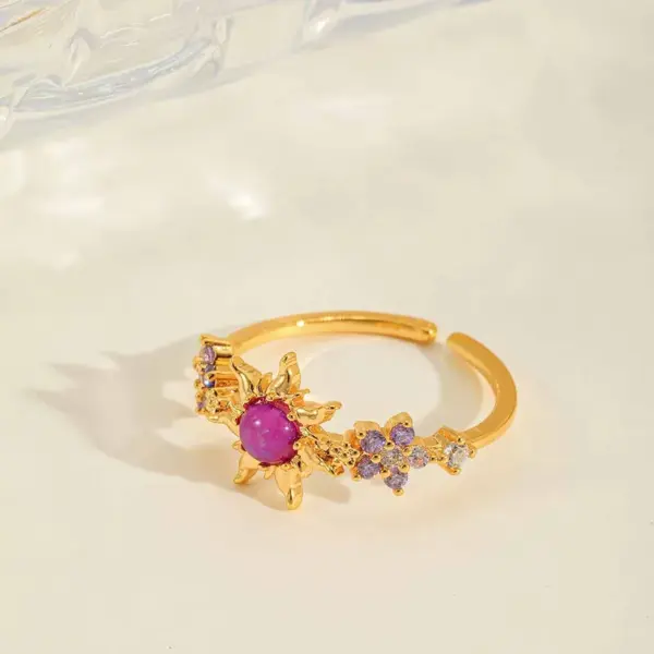 Wholesale Jewelry Cute Sweet Sun Flower Shell Copper Zircon 14K Gold Plated Open Rings