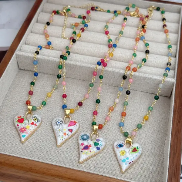 Wholesale Jewelry Artistic Heart Shape Copper 18K Gold Plated Asymmetrical Printing Pendant Necklace Beaded Chain