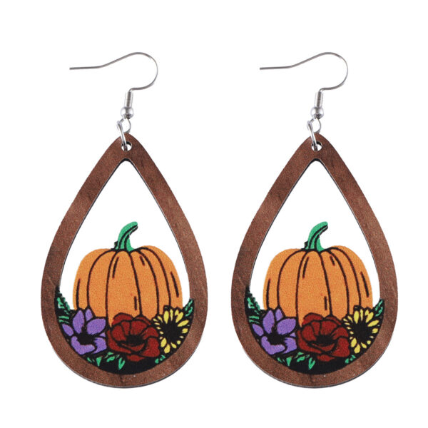 Wholesale Cross-border New Autumn Harvest Thanksgiving Flower Pumpkin Drop Pendant Earrings Wooden Double-sided Thanksgiving Earrings