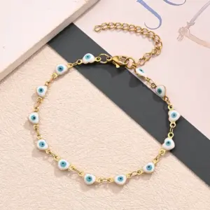 White Horizontal Love Heart-Shaped Eye Bracelet (Gold) / 10x5mm (Length:170+50mm) / 1 Strand/Package