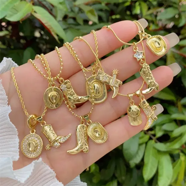Wholesale 18K Gold Plated Western Cowboy Shoe And Hat Pattern Necklace Creative Daily Wear For Men And Women Multi Style Pendant Necklace Gift