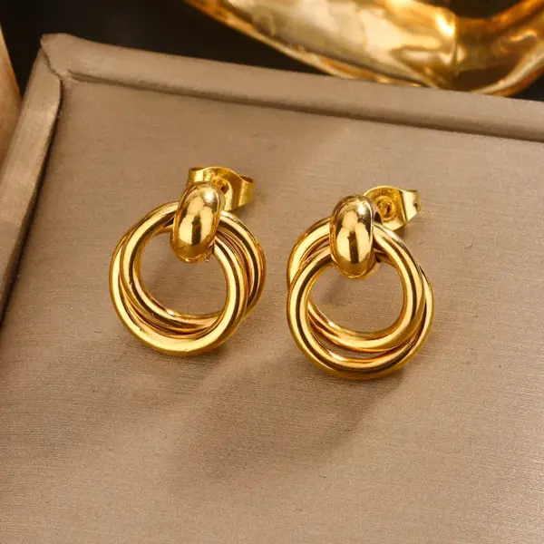 Wholesale Ion Plating (IP) 18K Gold Plated U Shape Double Ring Circle 304 Stainless Steel Vintage Style Waterproof Non Tarnish Earrings