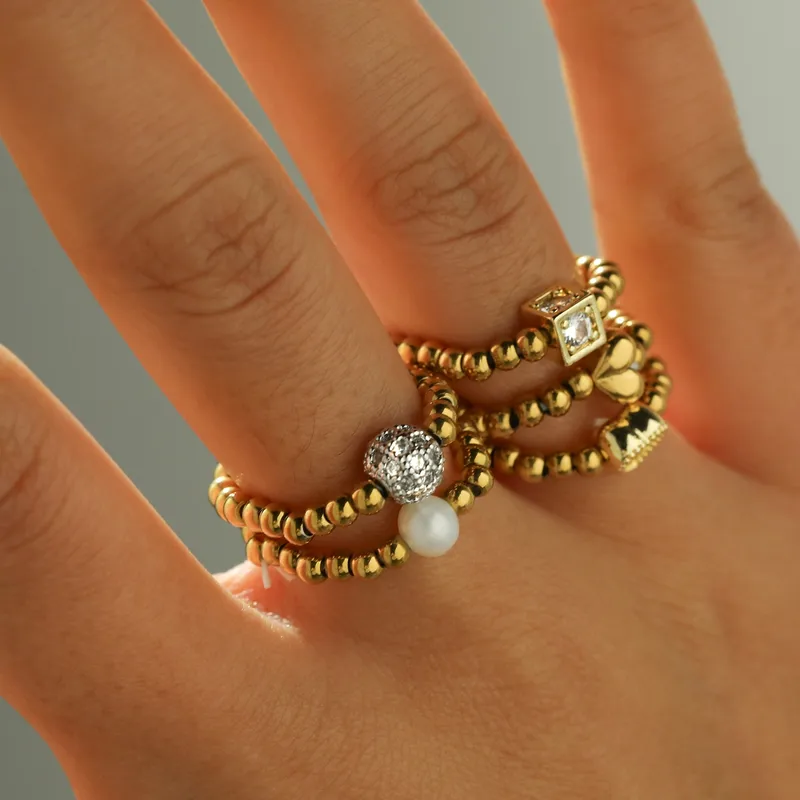 Wholesale 18K Gold Plated 304 Stainless Steel Vacuum Electroplating (In Furnace) Zircon Round Square Heart Mixed Color (Jewelry Metal Contrast) Electroplated Ring For Women Valentine's Day