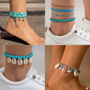 Wholesale Cross-border holiday style bohemian beaded stacked anklet starfish turtle shell pendant anklet five-piece set for women